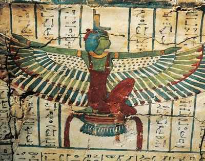 Madera pintada y lacada, representando a la diosa Isis con las alas desplegadas, en el sarcófago de Cesraperet de Tebas Occidental de Egyptian 25th Dynasty