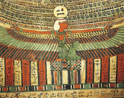 Madera enlucida y pintada que representa a la diosa Nut protegiendo la falsa puerta que conduce a la otra vida, procedente del sarcófago de Tashakheper, Tebas. de Egyptian 26th Dynasty