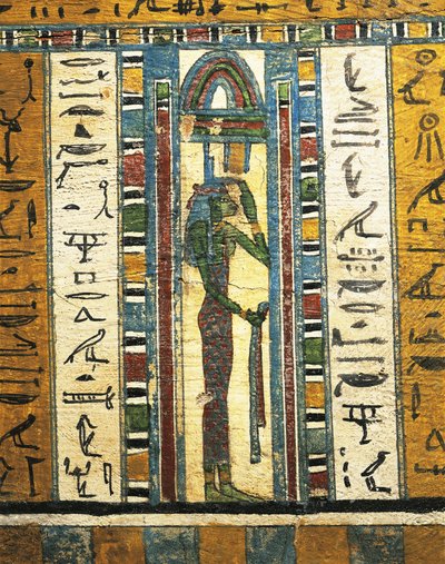 Panel de madera enlucida y pintada que representa a la diosa Isis, procedente del sarcófago de Usai, Tebas. de Egyptian 26th Dynasty