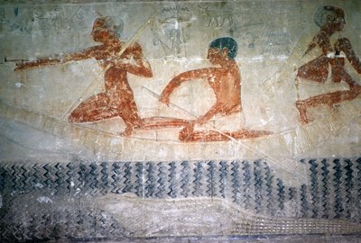 Pescadores y un cocodrilo de la pared norte de la capilla mastaba de Ti de Egyptian 5th Dynasty