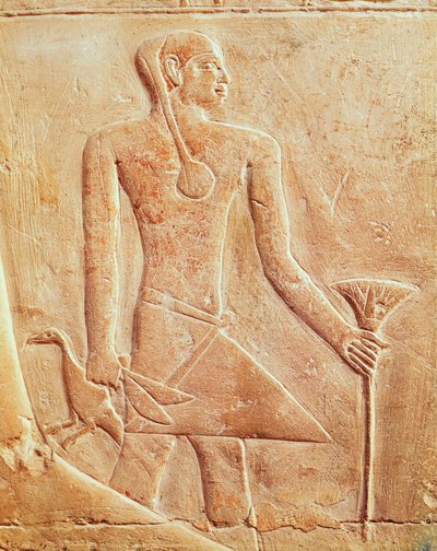 Sirviente y pájaro, relieve de Egyptian 5th Dynasty