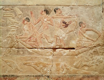 Relieve que representa a hombres en un bote, de la Tumba de la Princesa Idut, Reino Antiguo, c.2330 a.C. (caliza pintada) de Egyptian 6th Dynasty