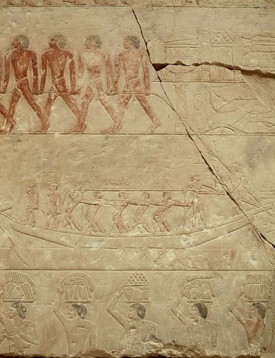 Remolcando un barco, de la Mastaba de Mereruka, Reino Antiguo (caliza pintada) de Egyptian 6th Dynasty
