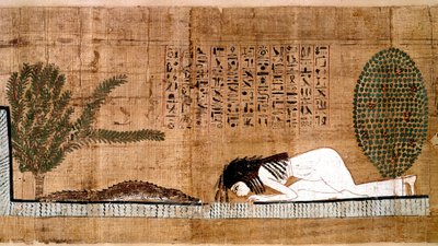 Antigüedad egipcia: un difunto adorando al cocodrilo, símbolo de fertilidad. Papiro del Libro de los Muertos. El Cairo, Museo Egipcio de Egyptian Egyptian