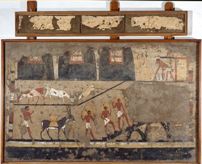 Antigüedad egipcia: el transporte de trigo en la espalda de mulas y en la espalda de hombres. Detrempe sobre arcilla y paja de la tumba del General y Canciller del Rey Iti en El Ghebelen cerca de Luxor. 2200-2000 a.C. Turín, museo egipcio de Egyptian Egyptian