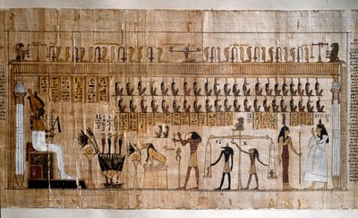 Antigüedad egipcia: la pesaje de las almas (psicostasis). Papiro de un Libro de los Muertos. Turín, Museo Egipcio de Egyptian Egyptian