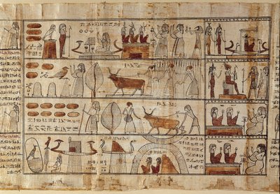 Antigüedades egipcias: los campos Elíseos. Pintura en papiro del Libro de los Muertos. Período Ptolemaico. Museo Egipcio de Turín de Egyptian Ptolemaic Period