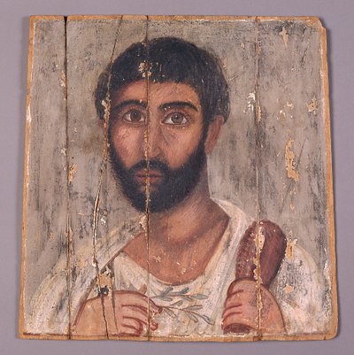 Retrato de hombre barbudo de un santuario, c.100 d.C. (temple sobre madera) de Egyptian School