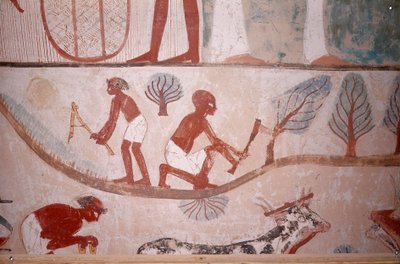 Escena de agricultura (siega y corte de leña), de la tumba del escriba Menna, Egipto, jeque Abd el-Qurna, Valle de los Nobles. de Egyptian School