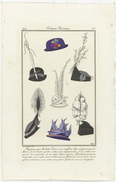 Accesorios
Journal des Dames et des Modes, Costumes Parisiens, 1914, nº 171: Sombreros de Arlett (...) de Eiger
