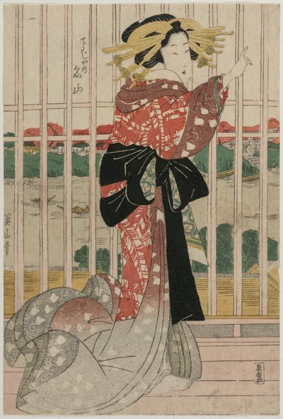 La cortesana Meizan del Chojiya en un balcón con vista al río Sumida, c. principios o mediados de 1820 de Kikugawa Eizan