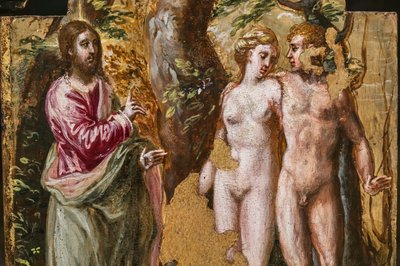 Parte trasera del altar portátil: Adm y Eva frente al Padre Eterno, detalle de 2384587 (temple grassa sobre tabla) de El Greco