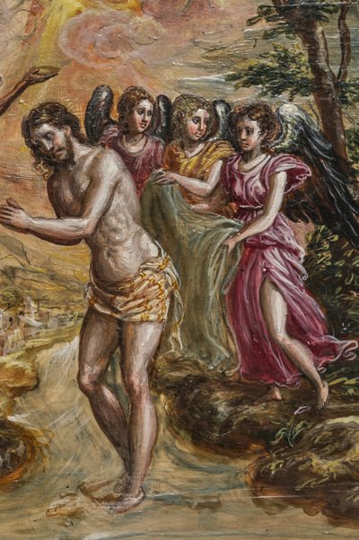 Altar portátil: detalle del panel de la puerta derecha que representa el Bautismo de Cristo (temple grassa sobre panel) de El Greco