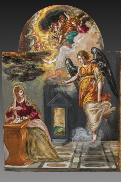 Altar portátil, panel de la puerta izquierda en la parte trasera: Anunciación, detalle de 2384587 (temple grassa sobre tabla) de El Greco