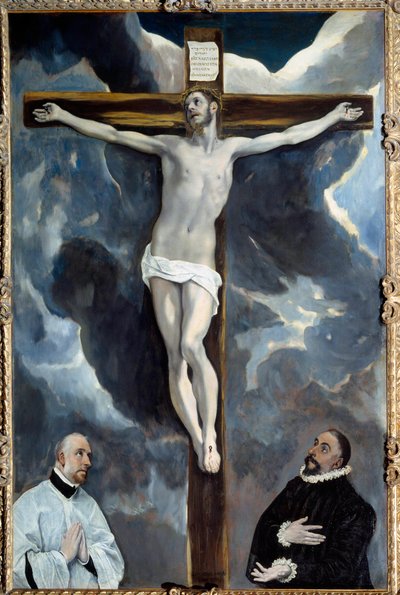 Cristo en la cruz adorado por ambos donantes de El Greco