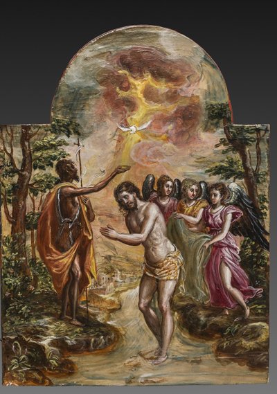 Altar portátil: panel de la puerta derecha que representa el Bautismo de Cristo, detalle de 2384586 (temple grassa sobre panel) de El Greco