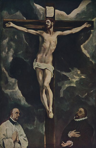 Cristo en la cruz adorado por donantes, c1590, 1938 de El Greco