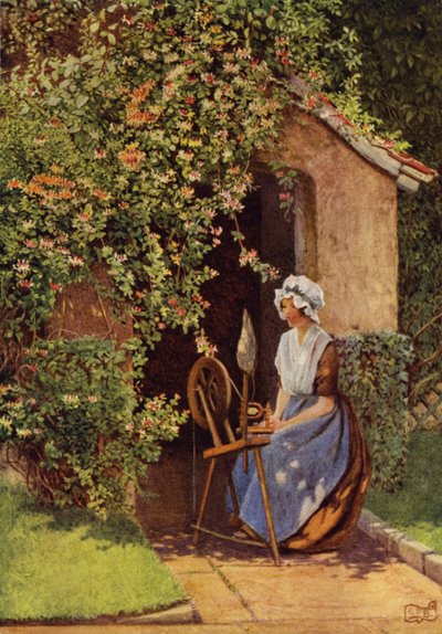 Y Lucy, en su rueda, cantará (litografía en color) de Eleanor Fortescue Brickdale