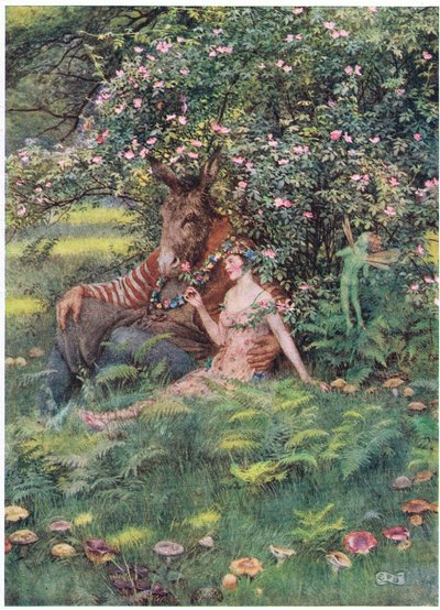 Bottom y Titania: "Ven a sentarte en este lecho florido" (litografía) de Eleanor Fortescue Brickdale