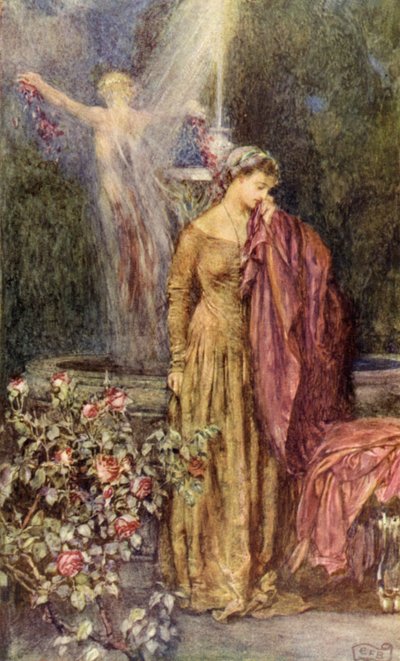 "¿Pero quién puede tomar un sueño por una verdad?" (litografía en color) de Eleanor Fortescue Brickdale
