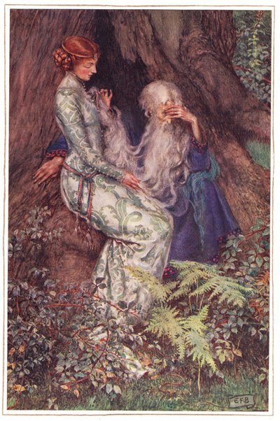 Oh, Maestro, ¿amas mi tierna rima?, ilustración de "Idilios del Rey" de Alfred Tennyson (1809-92), publicada por Hodder & Stoughton de Eleanor Fortescue Brickdale