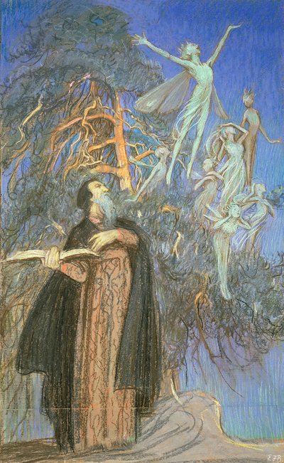 Próspero y Ariel, estudio para un cuadro perdido encargado para Broadcasting House, Londres, c.1931 (pastel sobre papel) de Eleanor Fortescue Brickdale