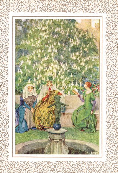 La Reina que se sentó entre su mejor Enid y la bella Vivien..., ilustración de "Idilios del Rey" de Alfred Tennyson (1809-92), publicado por Hodder & Stoughton de Eleanor Fortescue Brickdale