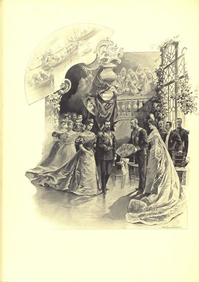 Alexandra Fyodorovna y Nicolás II durante la recepción ceremonial en la Embajada de Francia, 1899 de Elena Petrovna Samokish Sudkovskaya