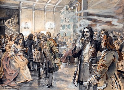 Celebraciones de Pascua en la Corte de Pedro el Grande (Pierre le grand) - Peinture de Elena Petrovna Samokish Sudkovskaya (1863-1924) - Acuarela, Gouache sobre cartón, 25,38x35 - Colección privada de Elena Petrovna Samokish Sudkovskaya