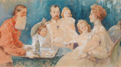 Zar Nicolás II y Alexandra Fyodorovna con sus hijas Olga, Tatiana, María y Anastasia de Elena Petrovna Samokish Sudkovskaya
