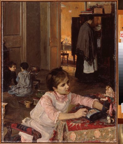 Habitación infantil (Los niños juegan con sus juguetes, mientras una criada arregla la ropa en el armario) - Habitación infantil - Pintura de Elena Dmitryevna Polenova (1850-1898), óleo sobre lienzo de Elena Polenova