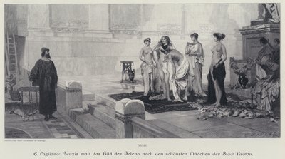 Artista griego antiguo Zeuxis eligiendo entre las mujeres más bellas de la ciudad de Crotona el modelo para su pintura de Helena de Troya (grabado) de Eleuterio Pagliano