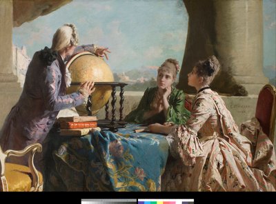 La lección de geografía. Dos mujeres jóvenes de alta sociedad y su maestro mostrándoles un globo terráqueo. Pintura de Eleuterio Pagliano (1826-1903) 1880. Colección privada de Eleuterio Pagliano
