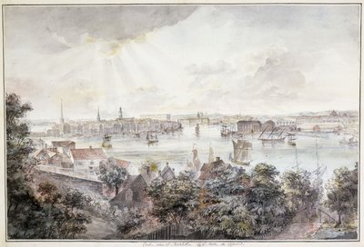 Una vista de Estocolmo desde Söder con el Palacio Real, Storkyrkan, Riddarholmskykan y Tyska kyrkan de Elias Martin
