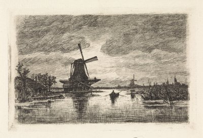 Paisaje con dos molinos y un bote de remos de Elias Stark