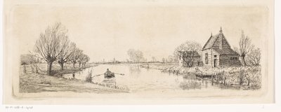 Paisaje de río con una casa de madera. de Elias Stark