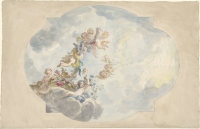 Diseño para una pintura de techo con putti, flores y guirnaldas de Elias van Nijmegen (possibly)