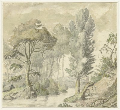 Paisaje forestal con una colina a la derecha y agua en el centro de Elias van Nijmegen