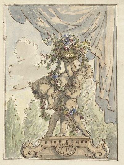 Tres putti con una cesta de flores de Elias van Nijmegen