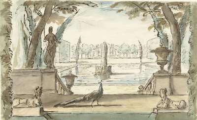 Vista en un jardín con un estanque, una fuente y un pavo real de Elias van Nijmegen