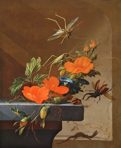 Un Ramo de Rosas, Gloria de la Mañana y Avellanas con Saltamontes, Escarabajo Ciervo y Lagartija de Elias van den Broeck