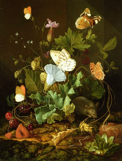 Naturaleza muerta de un suelo forestal con flores, un ratón y mariposas de Elias van den Broeck