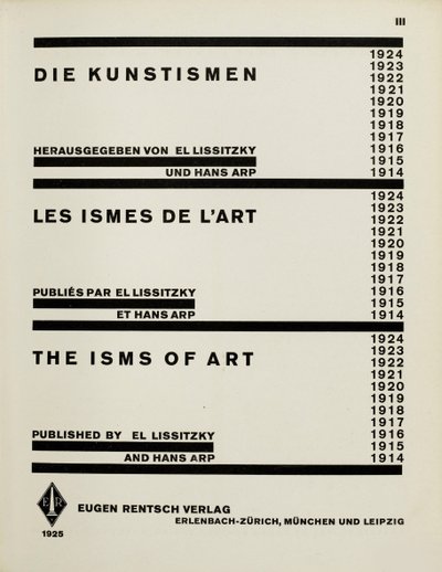 Página del título: Die Kunstismen. Los ismos del arte por El Lissitzky y Hans Arp, 1925 de Eliezer Markowich Lissitzky