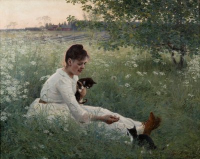 Niña con gatos en un paisaje de verano de Elin Danielson Gambogi