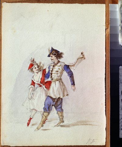 Una pareja de bailarines con traje polaco (Pareja de baile con traje polaco) - Pintura de Elizaveta Merkuryevna Bem (Elisabeth Bohm) (1843-1914) - Acuarela sobre papel de Elisabeth Bem