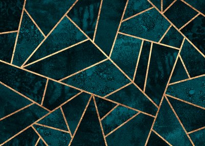 Mosaico geométrico en verde azulado y dorado de Elisabeth Fredriksson