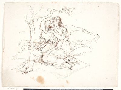 Una pareja joven abrazándose en un paisaje de Elisabeth Jerichau Baumann