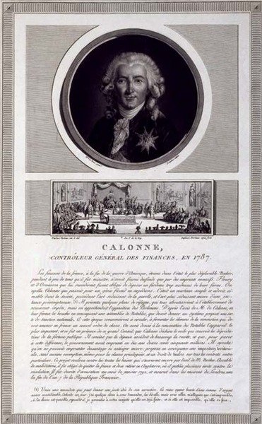 Calonne, Controlador General de Finanzas, en 1787, retrato grabado por Charles Levachez (fl.1760-1820), con una escena de la Asamblea de los Notables por Jean Duplessis-Bertaux (1747-1819), c.1803 de Elisabeth Louise (after) Vigee Lebrun