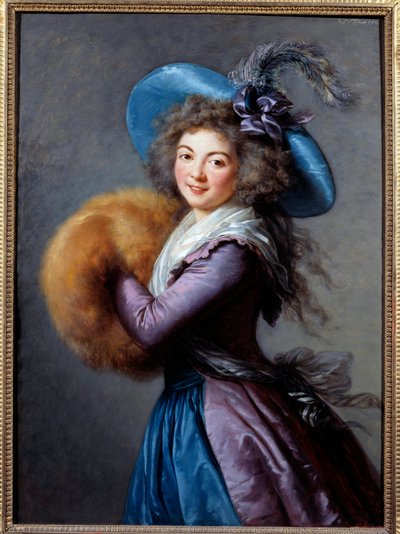 Retrato de Madame Mole Reymond (1759-1833), actriz de la Comedia Italiana. Lleva un sombrero con plumas y una manga. de Elisabeth Louise Vigee Lebrun