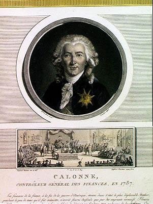 Charles Alexandre de Calonne (1734-1802) controlador general de las finanzas de Luis XVI grabado por Charles Levachez y La Asamblea de los Notables, por Jean Duplessi Bertau de Elisabeth Louise after Vigee Lebrun